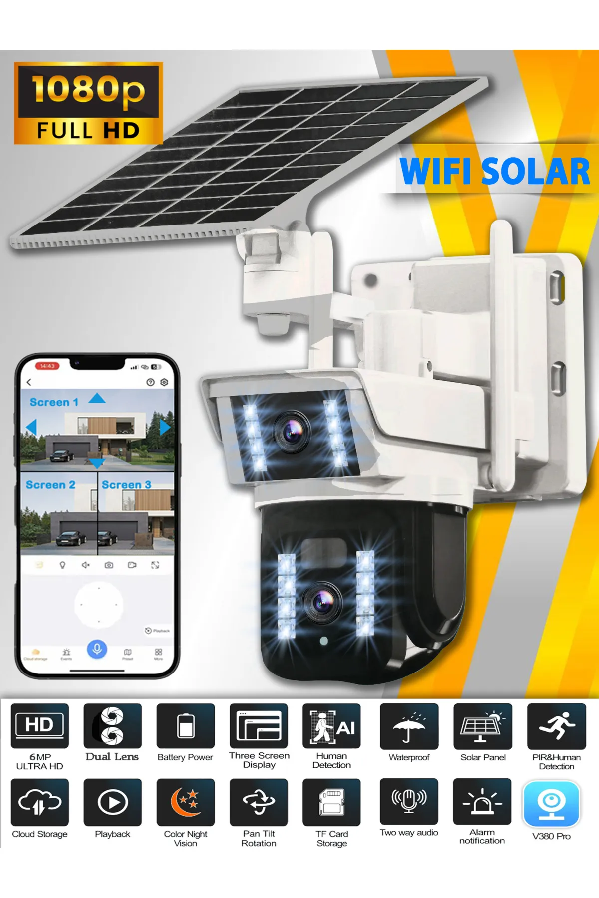 33Ai ull HD Wifi Solar Güneş panelli Kablosuz Alarmlı Bildirim gönderen Güvenlik kamerası